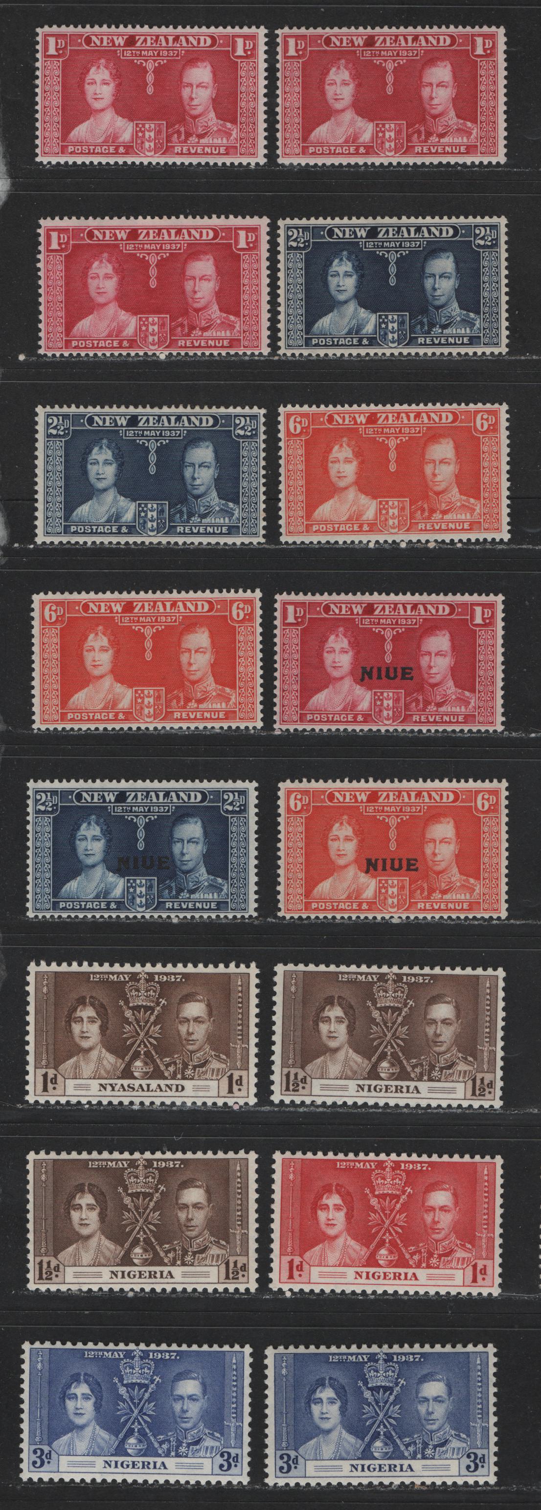 Lot 544 New Zealand, Nigeria & Niue #223-225, 50-52, 70-72 1d-6d Carmine - Deep Red Orange King George VI & Queen Elizabeth, 1937 Coronation Issue, 16 Fine & VFNH Singles With Distinct Shade Varieties Of Nearly All Values