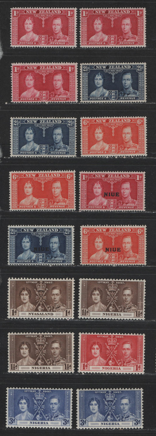 Lot 544 New Zealand, Nigeria & Niue #223-225, 50-52, 70-72 1d-6d Carmine - Deep Red Orange King George VI & Queen Elizabeth, 1937 Coronation Issue, 16 Fine & VFNH Singles With Distinct Shade Varieties Of Nearly All Values