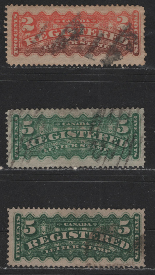 Lot 544 Canada #F1i, F2, F2i 2c, 5c Orange Red - Green Engine Turned Pattern & Numerals, 1875-1896 Registration Issue, 3 Fine Used Singles Montreal & Second Ottawa Printings