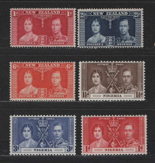 Lot 545 New Zealand & Nigeria #223-225, 50-52 1d-6d Carmine - Deep Red Orange King George VI & Queen Elizabeth, 1937 Coronation Issue, 6 Fine & VFNH Singles The Basic Sets With The Common Shades Of Each Value