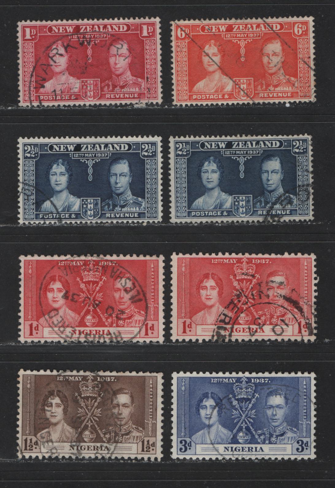 Lot 546 New Zealand & Nigeria #223-225, 50-52 1d-6d Carmine - Deep Red Orange King George VI & Queen Elizabeth, 1937 Coronation Issue, 8 VF Used Singles With Distinct Shade Varieties The 1d Nigeria and 2.5d New Zealand