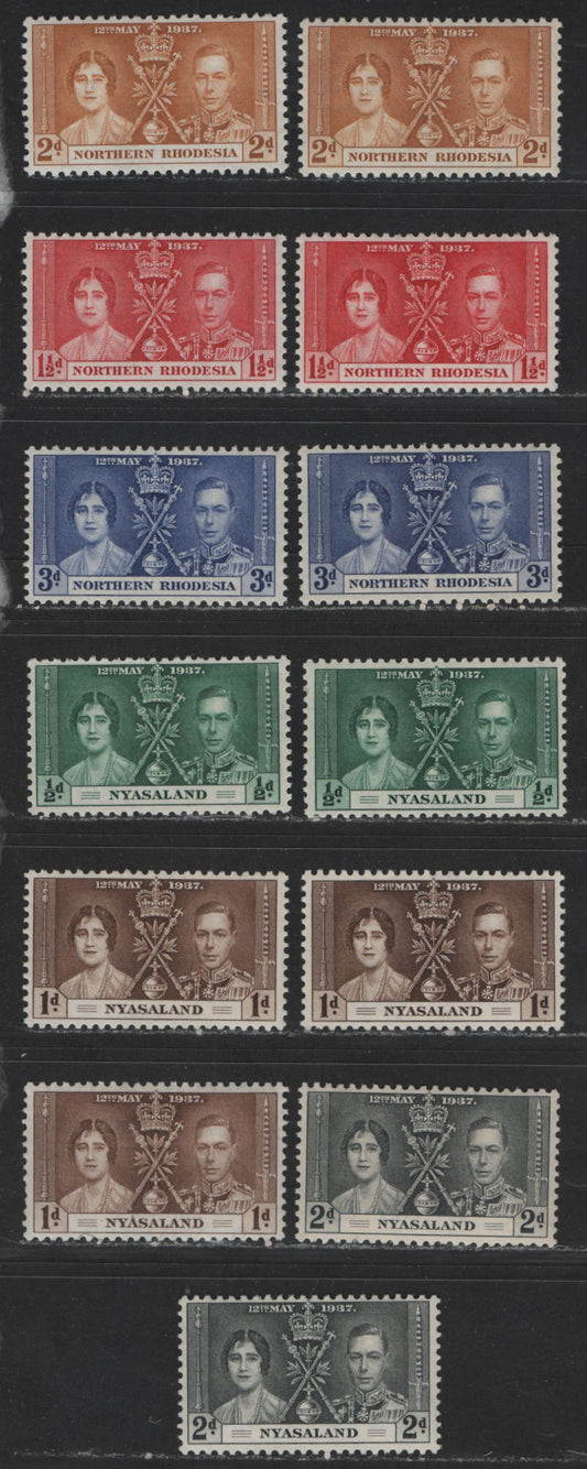 Lot 547 Northern Rhodesia & Nyasaland #22-24, 51-53 1/2d-3d Myrtle Green & Dull Ultramarine King George VI & Queen Elizabeth, 1937 Coronation Issue, 12 VFOG/NH Singles With Distinct Shade Varieties Of Nearly All Values, Only 1 2d Nyasaland is Hinged