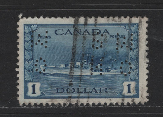 Lot 547 Canada #O9-262 $1 Steel Blue Destroyer, 1942-1943 War Issue 4-Hole OHMS Perfins , A Fine Used Single