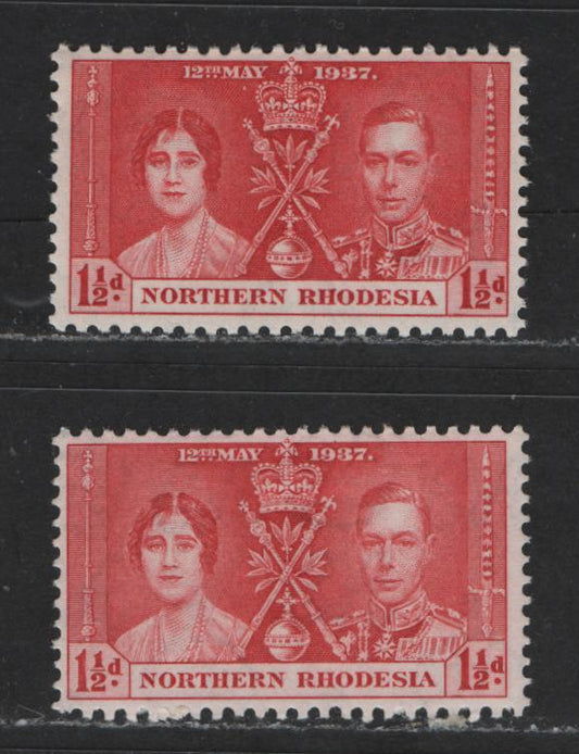 Lot 549 Northern Rhodesia #22 & 22var 1.5d Carmine Red & Pale Carmine King George VI & Queen Elizabeth, 1937 Coronation Issue, 2 Fine OG & VFNH Singles Scarce, As Most Were Carmine-Red