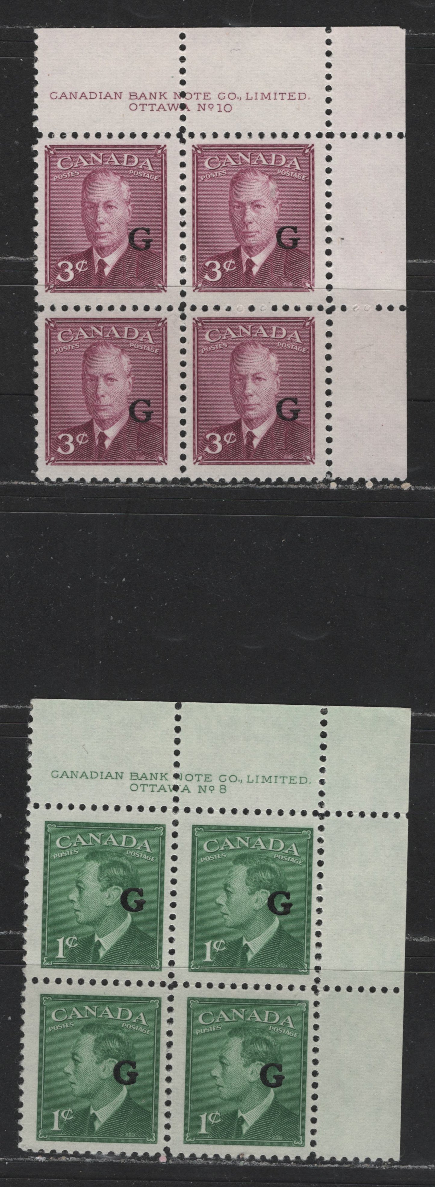 Lot 550 Canada #O16, O18 1c, 3c Green & Rose Purple King George VI, 1949-1952 Postes-Postage Issue Overprinted "G", 2 Fine NH UR Plate 8 & 10 Blocks On Horizontal Ribbed Paper, With Yellowish Cream Gum, Thick "G" On 1c