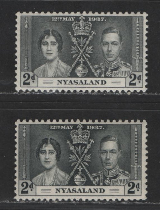 Lot 550 Nyasaland #53-53var 2d Deep Grey & Grey-Black King George VI & Queen Elizabeth, 1937 Coronation Issue, 2 VFNH Singles Scarce, As Most 2d's Were Deep Grey