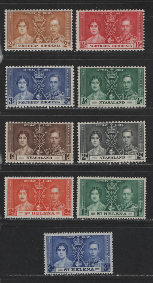 Northern Rhodesia, Nyasaland & St. Helena #22-24, 51-53, 115-117 1/2d-3d Myrtle Green - Bright Ultramarine King George VI & Queen Elizabeth, 1937 Coronation Issue, 9 Fine & VFNH Singles The Basic Sets With The Common Shades Of Each Value