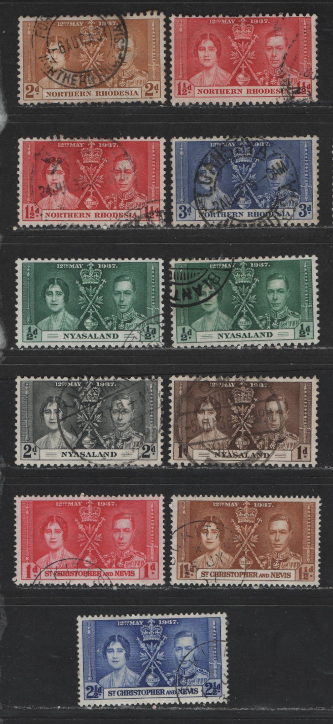 Lot 553 Northern Rhodesia, Nyasaland & St. Christopher & Nevis #22-24, 51-53, 76-78 1/2d-3d Myrtle Green - Bright Ultramarine King George VI & Queen Elizabeth, 1937 Coronation Issue, 11 Fine & VF Used Singles With Distinct Shade Varieties