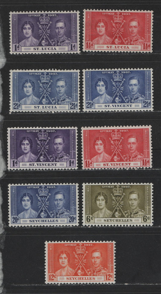 St. Lucia, St. Vincent, Seychelles #107-109, 138-140, 122-124 1d-2.5d, 6c-20c Violet - Dull Ultramarine King George VI & Queen Elizabeth, 1937 Coronation Issue, 9 Fine & VFNH Singles The Basic Sets With The Common Shades Of Each Value