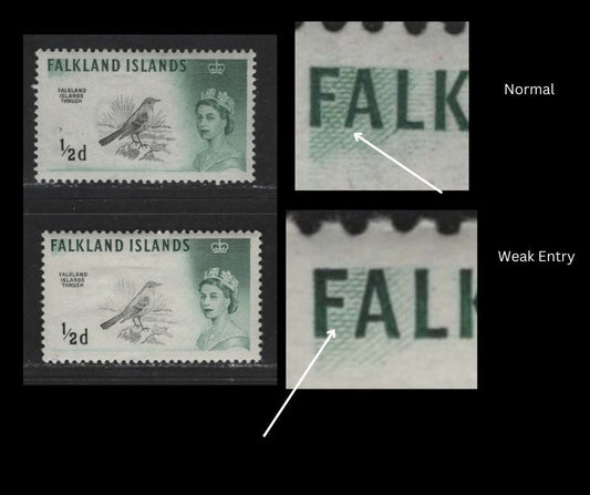 Lot 555 Falkland Islands #128var (SG #193, 227a) 1/2d Deep Green & Black Thrush, 1960-1966 Bird Definitive Issue, 2 VFOG Singles Upright & Sideways Wmk, Showing Weak Entry Under "FA" On The Sideways Watermark