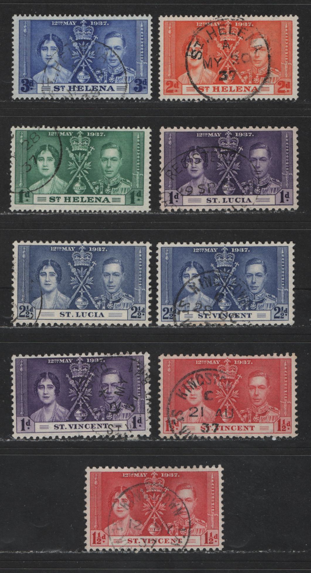 Lot 556 St. Helena, St. Lucia & St. Vincent #115-117, 107/109, 138-140 1d-3d Myrtle Green - Dull Ultramarine King George VI & Queen Elizabeth, 1937 Coronation Issue, 9 VF used Singles With Two Shades Of 1.5d St. Vincent