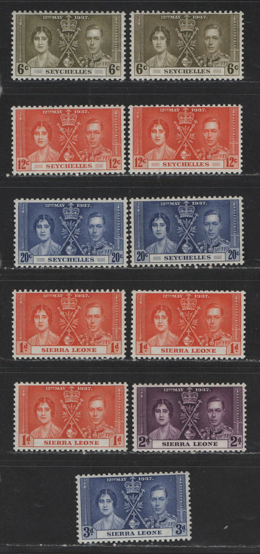 Lot 557 Seychelles & Sierra Leone #122-124, 170-172 6c-20c, 1d-3d Sage Green - Dull Ultramarine King George VI & Queen Elizabeth, 1937 Coronation Issue, 11 VFNH Singles With Distinct Shade Varieties Of Nearly All Values