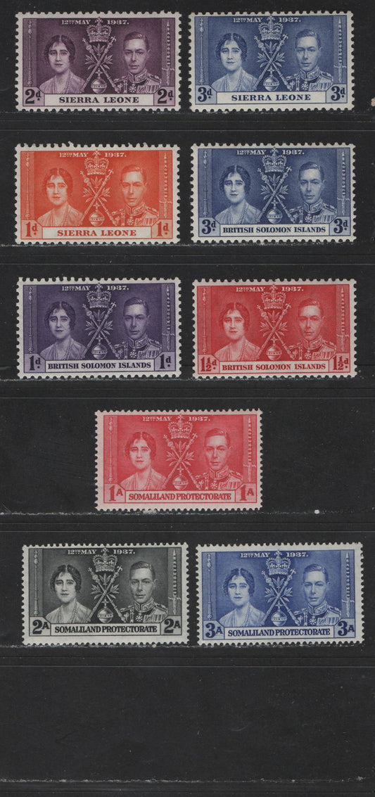 Lot 558 Sierra Leone, Solomon Islands & Somaliland Protectorate #170-172, 64-66, 81-83 1d-3d, 1a-3a Deep Red Orange - Bright Ultramarine King George VI & Queen Elizabeth, 1937 Coronation Issue, 9 Fine & VFNH Singles The Basic Sets