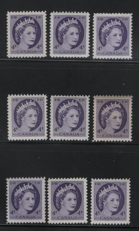 Canada #340i 4c Bright Violet, Violet & Dull Violet Queen Elizabeth II, 1954-1962 Wilding Issue, 9 Fine & VFNH Singles On Various DF1 &2 Greyish, Ivory & Greyish White Papers, Smooth & Streaky Semi-Gloss & Satin Gums