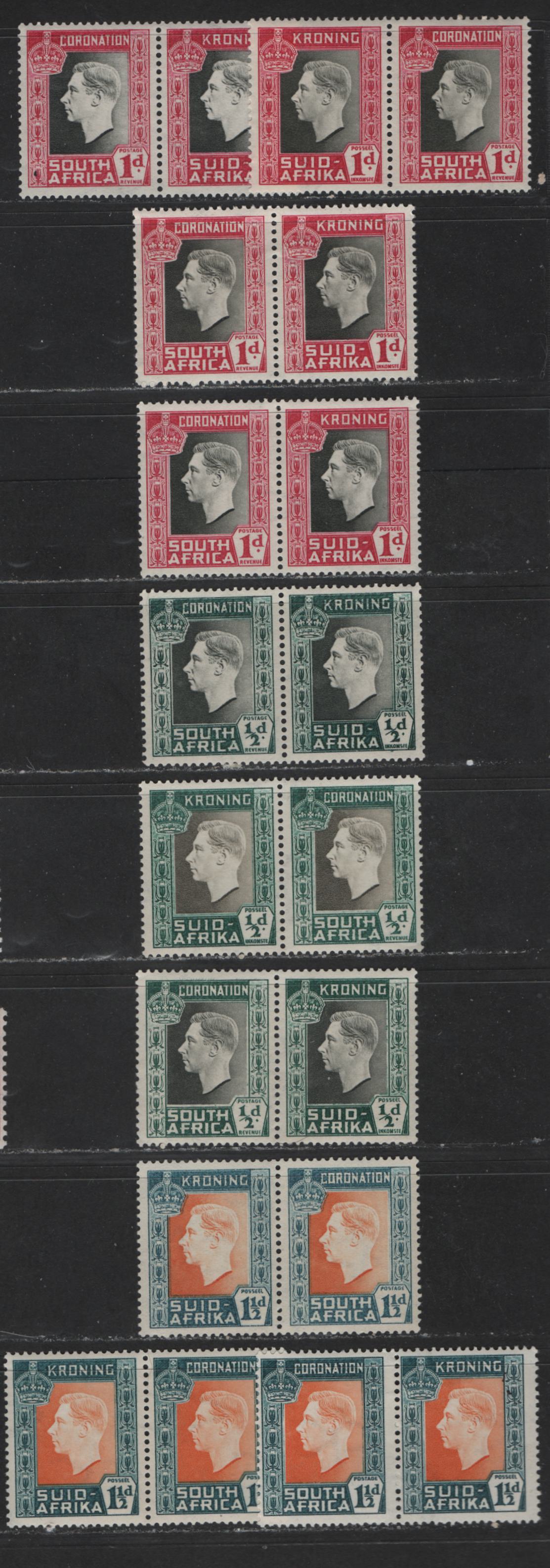 Lot 560 South Africa #74-76 1/2d-1.5d Dark Myrtle Green & Grey - Orange & Deep Turquoise Green King George VI, 1937 Coronation Issue, 10 Fine & VFNH Bilingual Pairs With Distinct Shade Varieties Of All Values