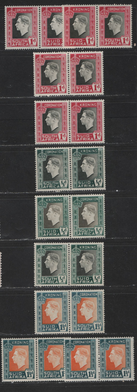 Lot 560 South Africa #74-76 1/2d-1.5d Dark Myrtle Green & Grey - Orange & Deep Turquoise Green King George VI, 1937 Coronation Issue, 10 Fine & VFNH Bilingual Pairs With Distinct Shade Varieties Of All Values