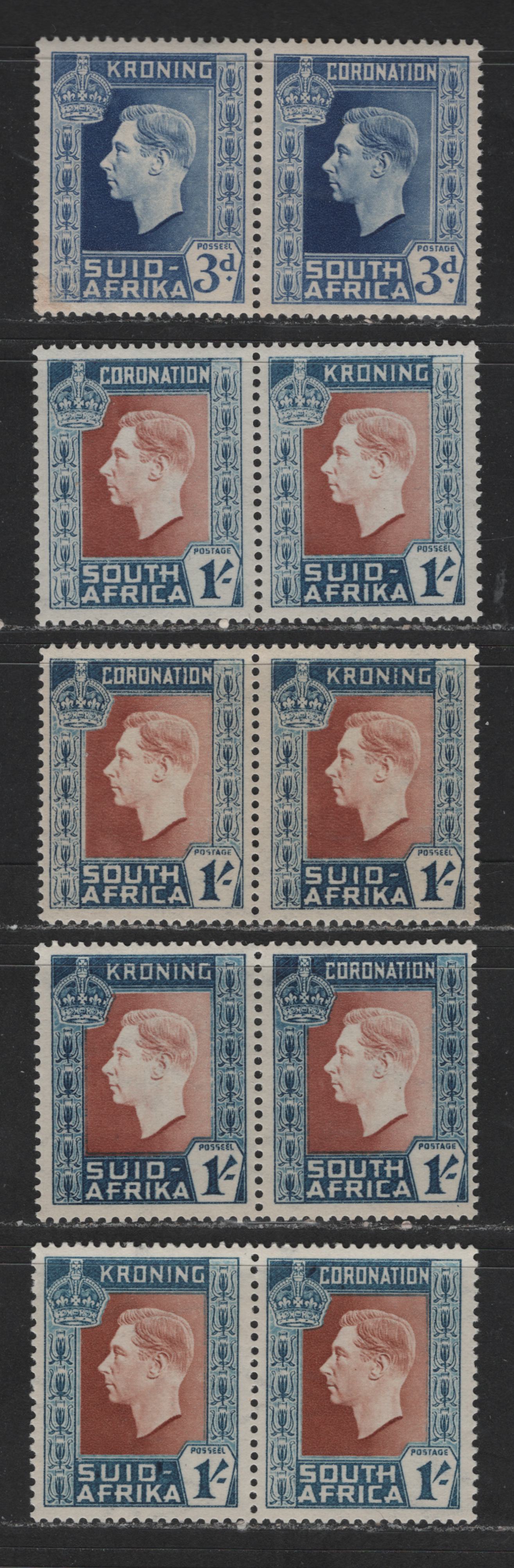 Lot 561 South Africa #77-78 3d & 1/- Dull Blue - Red Brown & Prussian Blue King George VI, 1937 Coronation Issue, 5 VFNH Bilingual Pairs With Four Different Frame & Shade Combinations On The 1/-, Wmks Facing Right & Left