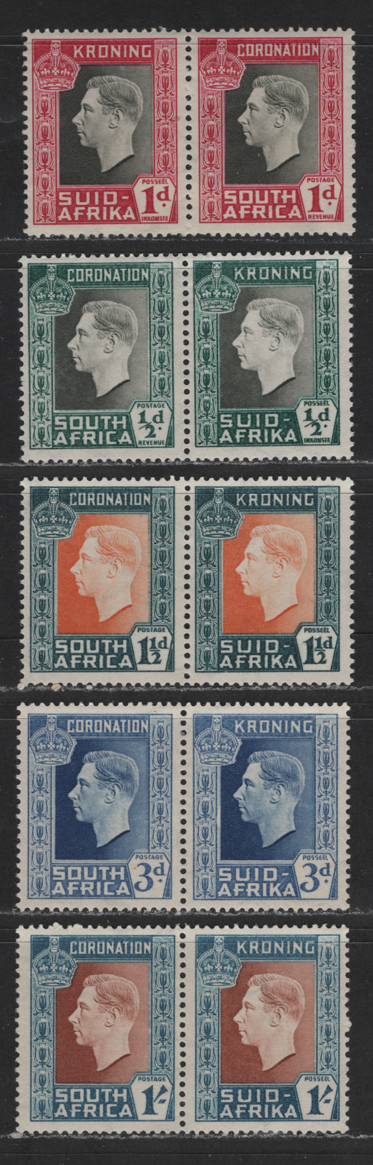 Lot 562 South Africa #74-78 1/2d - 1/- Dark Myrtle Green & Grey - Red Brown & Prussian Blue King George VI, 1937 Coronation Issue, 5 VFNH Bilingual Pairs The Basic Set With The Common Shades Of Each Value, Wmks Facing Right