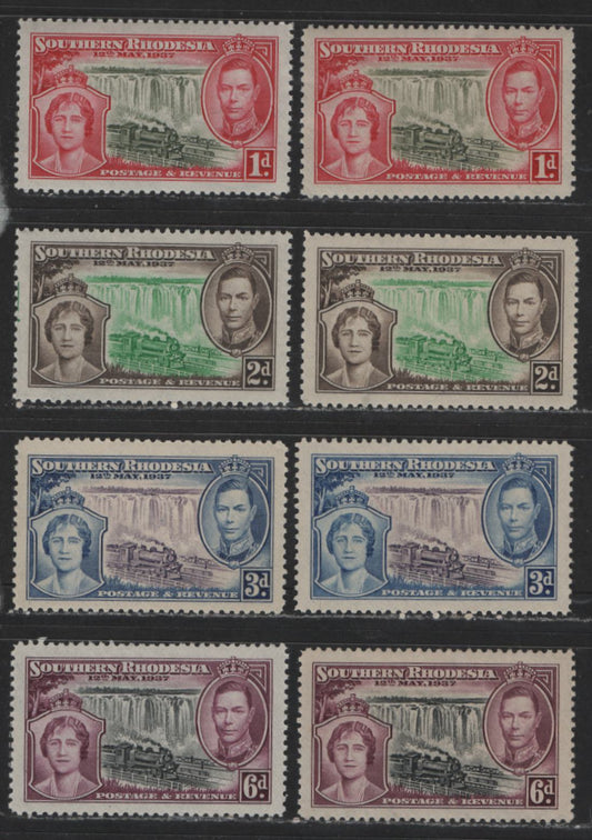 Lot 564 Southern Rhodesia #38-41 1d-6d Olive Green & Carmine - Black & Deep Rose Lilac King George VI,Queen Elizabeth, Train & Victoria Falls, 1937 Coronation Issue, 8 VFNH & VFOG Singles With Subtle Shade Varieties Of All Values