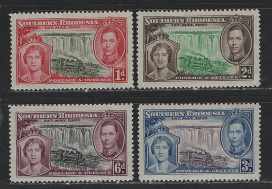 Lot 565 Southern Rhodesia #38-41 1d-6d Olive Green & Carmine - Black & Deep Rose Lilac King George VI,Queen Elizabeth, Train & Victoria Falls, 1937 Coronation Issue, 4 VFNH Singles The Basic Sets With The Common Shades Of Each Value