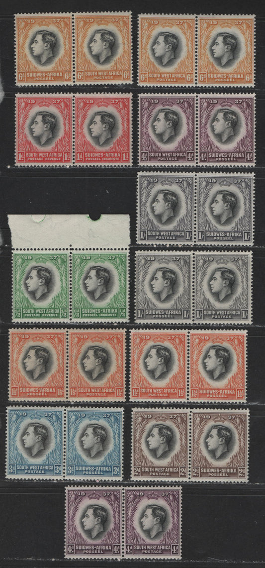 Lot 566 South West Africa #125-132 1/2d - 1/- Emerald & Black - Violet Grey & Black King George VI, 1937 Coronation Issue, 12 VFNH Bilingual Pairs With Distinct Shade Varieties Of Nearly All Values