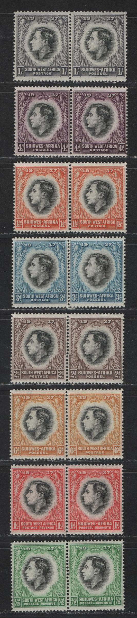 Lot 567 South West Africa #125-132 1/2d - 1/- Emerald & Black - Violet Grey & Black King George VI, 1937 Coronation Issue, 8 VFNH Bilingual Pairs The Basic Sets With The Common Shades Of Each Value