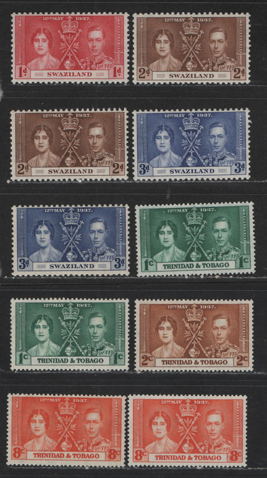 Lot 569 Swaziland & Trinidad & Tobago #24-26, 47-49 1d-3d, 1c-8c Carmine Red - Deep Orange King George VI & Queen Elizabeth, 1937 Coronation Issue, 10 VFNH Singles With Distinct Shade Varieties Of Nearly All Values