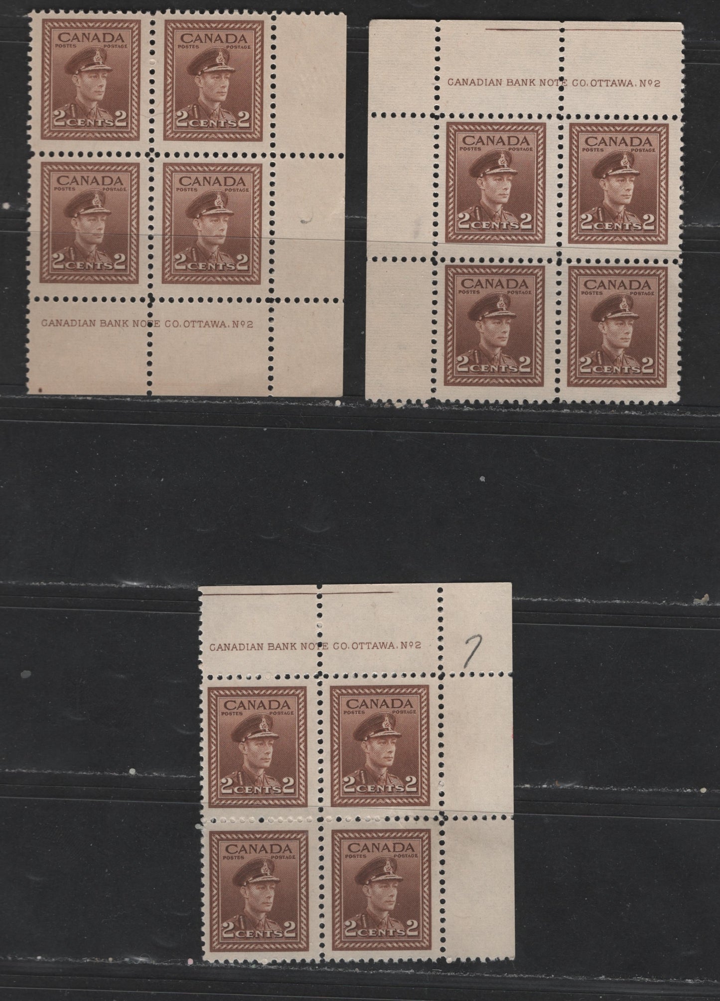 Canada #250 2c  Brown King George VI, 1942-1949 War Issue, 2 Fine NH UL, UR & LR Plate 2 Blocks On Horizontal Ribbed Paper With Cream Gum