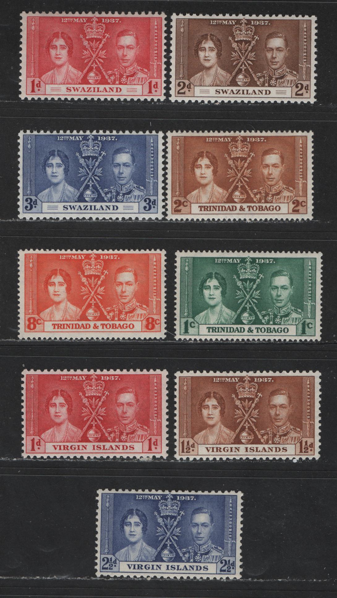 Lot 570 Swaziland, Trinidad & Tobago & Virgin Islands #24-26, 47-49, 73-75 1d-3d, 1c-8c Carmine Red - Dull Ultramarine King George VI & Queen Elizabeth, 1937 Coronation Issue, 9 VFNH Singles The Basic Sets With The Common Shades Of Each Value