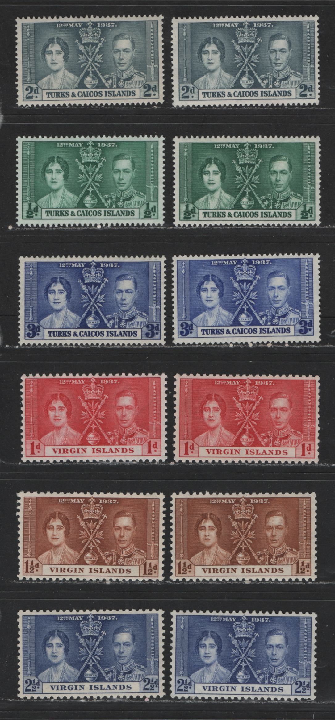 Lot 572 Turks & Caicos Islands & Virgin Islands #75-77, 73-75 1/2d-3d Myrtle Green - Bright Ultramarine King George VI & Queen Elizabeth, 1937 Coronation Issue, 12 VFNH Singles With Distinct Shade Varieties Of All Values