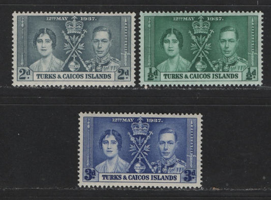 Lot 573 Turks & Caicos Islands #75-77 1/2d-3d Myrtle Green - Bright Ultramarine King George VI & Queen Elizabeth, 1937 Coronation Issue, 3 VFNH Singles