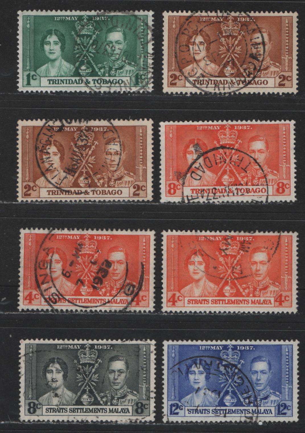 Lot 574 Staits Settlements & Trinidad & Tobago #235-237, 47-49 1c-12c Deep Red Orange - Bright Ultramarine King George VI & Queen Elizabeth, 1937 Coronation Issue, 8 VF Used Singles The Basic Sets With The Common Shades Of Each Value