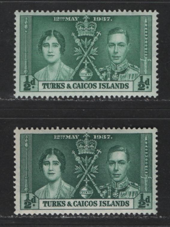 Lot 576 Turks & Caicos Islands #75-75var 1/2d Myrtle Green & Dark Green King George VI & Queen Elizabeth, 1937 Coronation Issue, 2 VFOG/NH Singles The Scarce Gibbons Listed Shade With Common Shade For Comparison