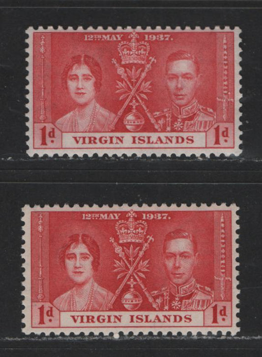 Lot 577 Virgin Islands #73var 1d Carmine Red & Paler Carmine Red King George VI & Queen Elizabeth, 1937 Coronation Issue, 2 VFNH Singles Scarce, As Most Were Carmine Red