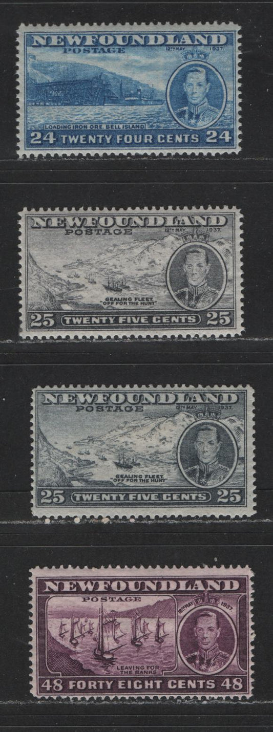 Lot 579 Newfoundland #241-243 24c-48c Prussian Blue - Plum King George VI & Queen Elizabeth, 1937 Coronation Issue, 3 VFNH, Fine NH, Fine OG Singles Perf. 13.8 Line, 24c & 25c Grey Are NH