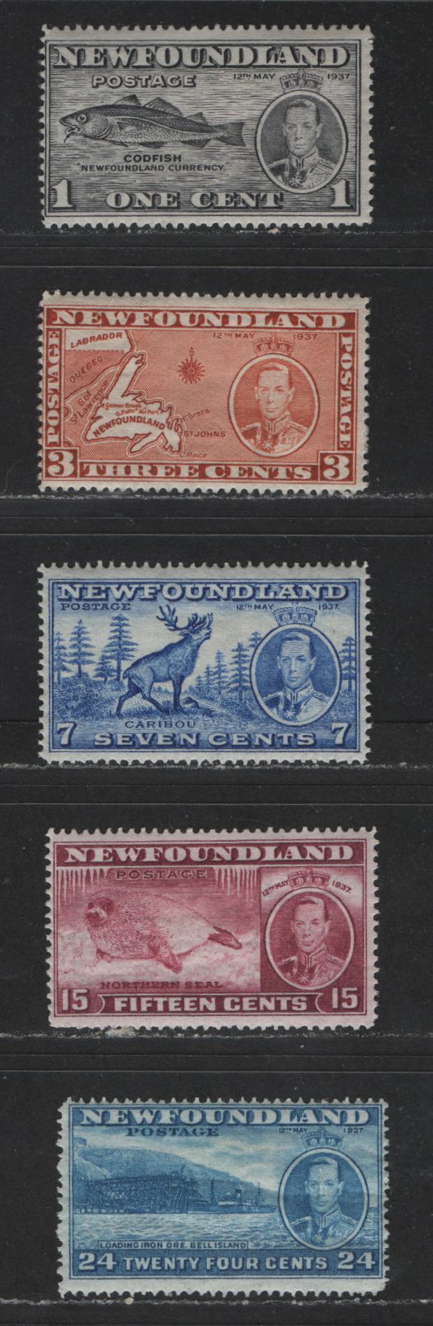 Lot 580 Newfoundland #233-234, 235, 239, 241 1c-24c Grey Black - Prussian Blue King George VI & Queen Elizabeth, 1937 Coronation Issue, 5 VFNH & Fine OG Singles Line Perf. 14.25, 3c Is Die 1, 7c is NH