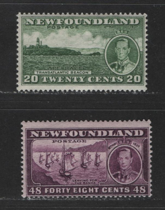 Lot 582 Newfoundland #240b, 243c 20c, 48c Bronze Green & Deep Plum King George VI & Queen Elizabeth, 1937 Coronation Issue, 2 Fine NH Singles Comb Perf. 13.4