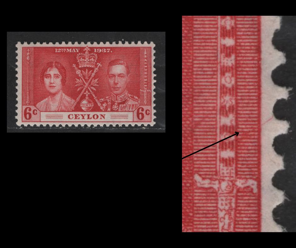 Lot 583 Ceylon  #275var 6c Carmine Red King George VI & Queen Elizabeth, 1937 Coronation Issue, A Fine OG Single Diagonal Scratch To The Right Of The Sword, Possibly Constant