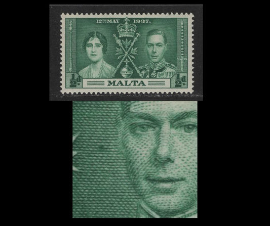 Lot 587 Malta #188var 1/2d Myrtle Green King George VI & Queen Elizabeth, 1937 Coronation Issue, A VFOG Single With Blemish In The Background To Left Of King - Constant, As I Have Seen It On Other Colonies