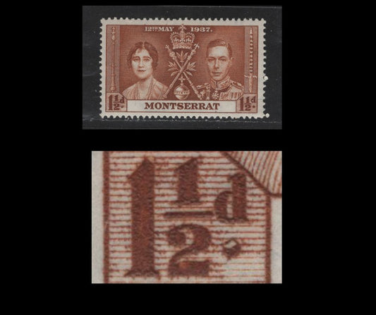 Lot 588 Montserrat #90var 1.5d Yellow Brown King George VI & Queen Elizabeth, 1937 Coronation Issue, A VFOG Single Showing Damaged Period Below Left "d"