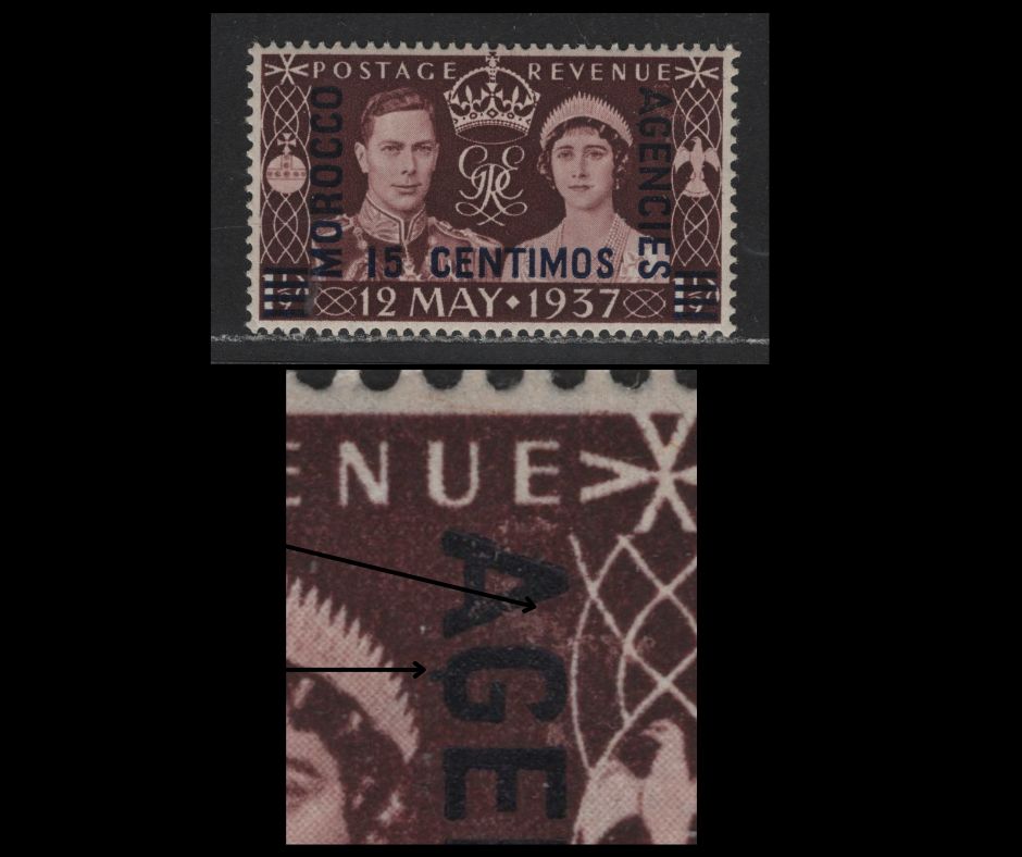 Lot 589 Morocco Agencies - Spanish Currency #82var 15c Purple Brown King George VI & Queen Elizabeth, 1937 Coronation Issue, A VFOG Single Showing Plate Damage Below Last "E" Of Revenue & Dot On "G" Of Agencies