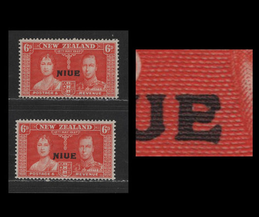 Lot 591 Niue #72var, 72 6d Deep Red Orange King George VI & Queen Elizabeth, 1937 Coronation Issue, 2 Fine OG & VFNH Singles Closed "E" In "Niue" With Normal For Comparison