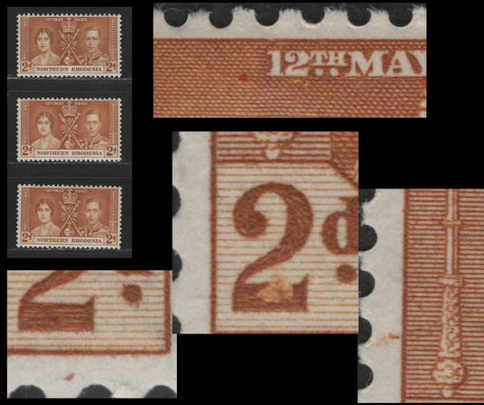 Lot 592 Northern Rhodesia #23var 2d Yellow Ochre King George VI & Queen Elizabeth, 1937 Coronation Issue, 3 VFNH & VFOG Singles With Unlisted And Possibly Constant Varieties