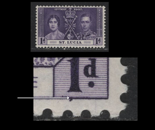 Lot 596 St. Lucia #107var 1d Violet King George VI & Queen Elizabeth, 1937 Coronation Issue, A VFNH Single Showing Small Spur From Bottom Frameline Underneath Right "1", Possibly Constant