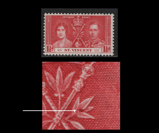 Lot 597 St. Vincent #139var 1.5d Carmine Red King George VI & Queen Elizabeth, 1937 Coronation Issue, A Fine OG Single Showing Large Blob In The Middle Of Leaves, Likely Constant