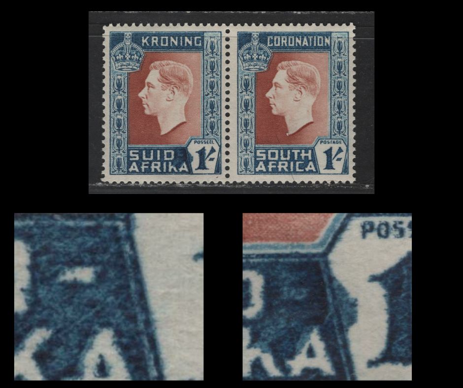 Lot 601 South Africa #78var (SG#75a) 1/- Dark Prussian Blue & Red Brown King George VI , 1937 Coronation Issue, A VFNH Billingual Pair With Gibbons Listed "Missing Hyphen" On Afrikaans Stamp