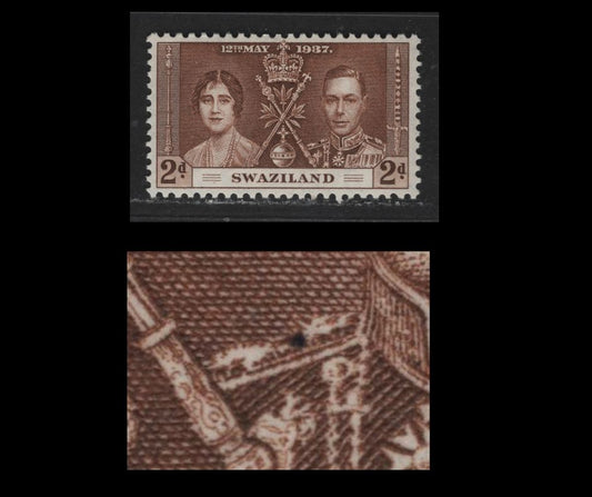 Lot 603 Swaziland #25var 2d Deep Yellowish Brown King George VI & Queen Elizabeth, 1937 Coronation Issue, A VFOG Single Large Flaw On King's Right Epaulette, Possibly Constant