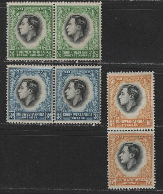 Lot 605 South West Africa #125var, 129var, 131var 1/2d -6d Bright Green & Black - Dull Yellow & Black King George VI , 1937 Coronation Issue, 3 Fine & VFNH Bilingual Pairs Showing Marked Leftward Shifts Of The Portrait