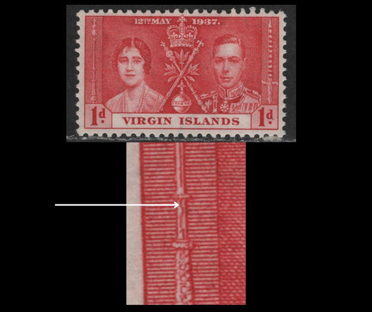 Lot 608A Virgin Islands #73var 1d Carmine Red King George VI & Queen Elizabeth, 1937 Coronation Issue, A VFNH Single Showing Crooked Middle Line In The Base Of The Sceptre - Normally This Line Is Straight