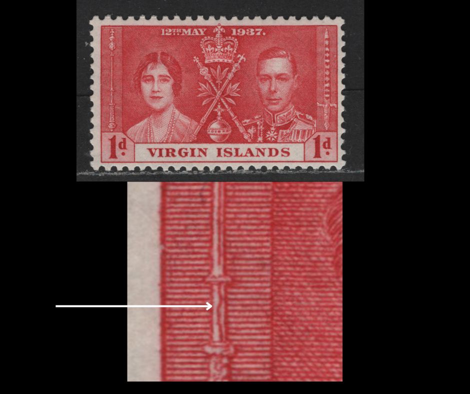 Virgin Islands #73var 1d Carmine Red King George VI & Queen Elizabeth, 1937 Coronation Issue, A VFOG Single Showing Crooked Middle Line In The Base Of The Sceptre - Normally This Line Is Straight